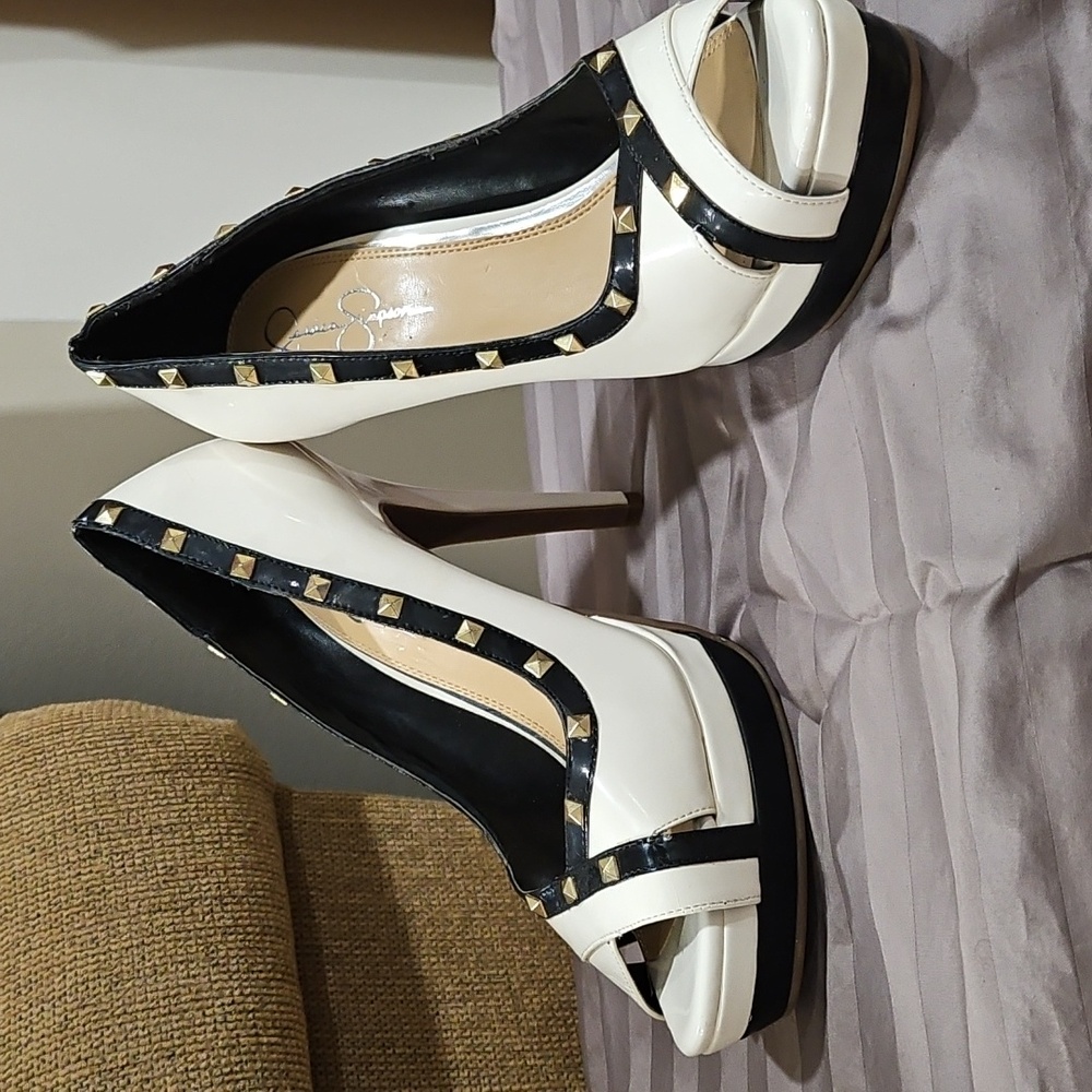 Elegant White and Black Peep-Toe Heels